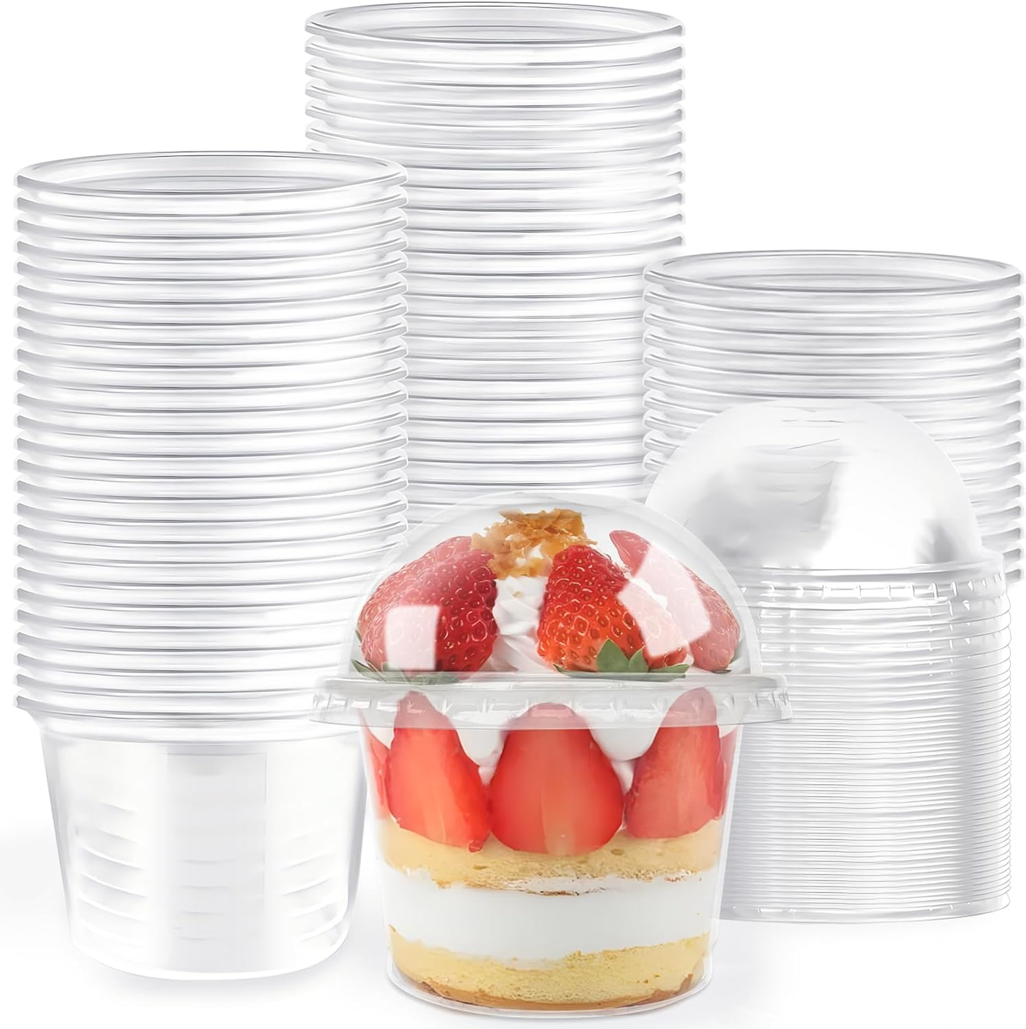 Plastic Dome Clear - 8オンスの使い捨てプラスチックカップ。ドーム型の蓋付き。透明で、デザート、ミニパフェ、前菜、アイスクリーム、ケーキ、フルーツ、ゼリーなどを入れるのに最適。