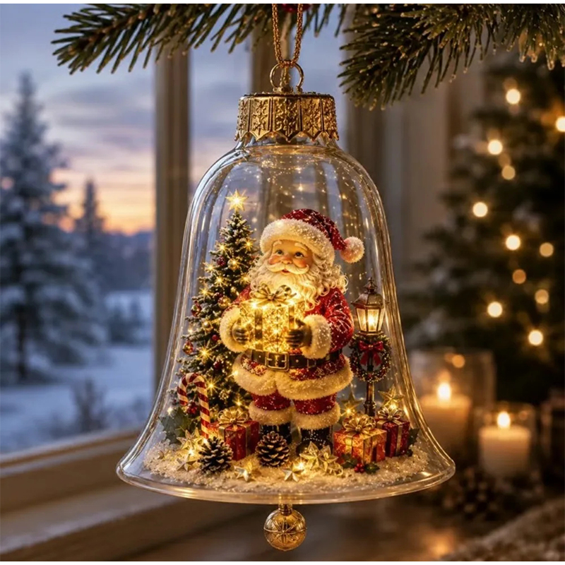 Plastic Dome Clear - 2026年、温かみのあるLEDライトを使用したクリスマスベルのオーナメント。ミニチュアのシーンを照らす、透明なアクリル製のドーム型LEDライトペンダント。